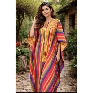 RARE Vintage 60/70s Josefa Ibarra  Mexico Kaftan Rainbow Stripes Fringe Boho Os